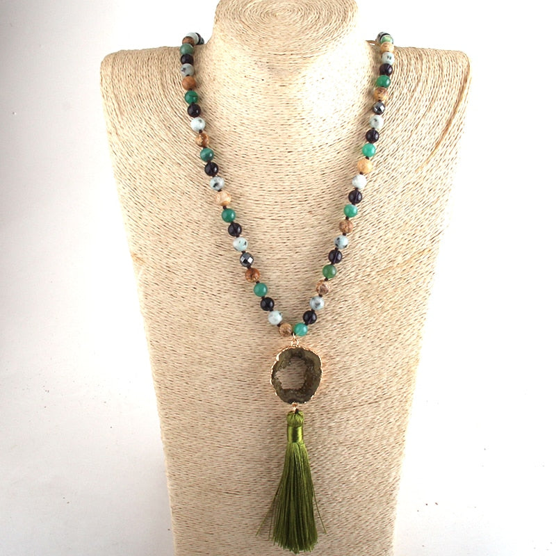 Boho Stone Pendant Knotted Tassel Necklace