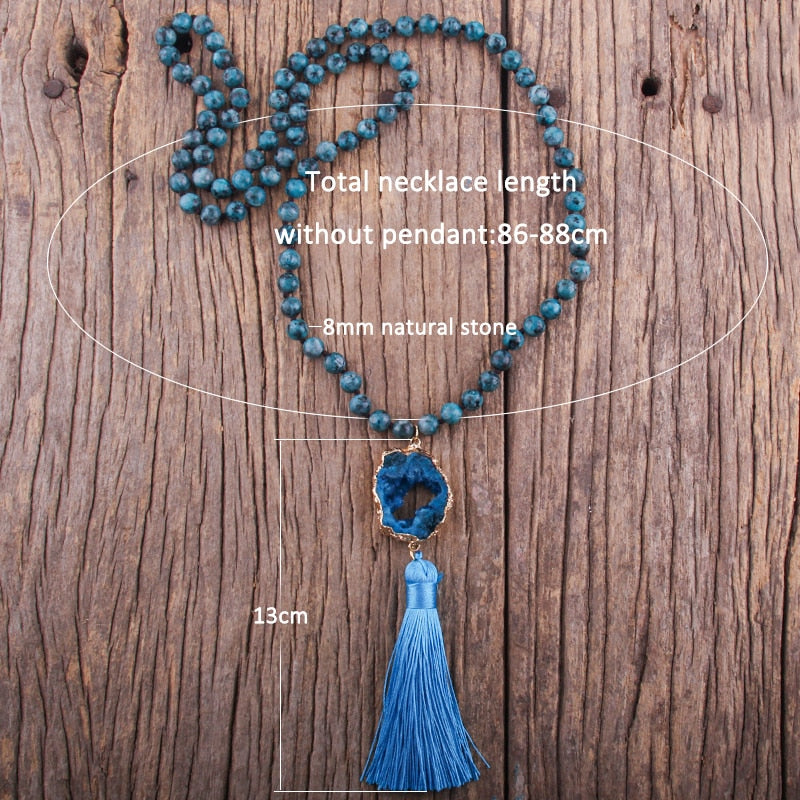 Boho Stone Pendant Knotted Tassel Necklace