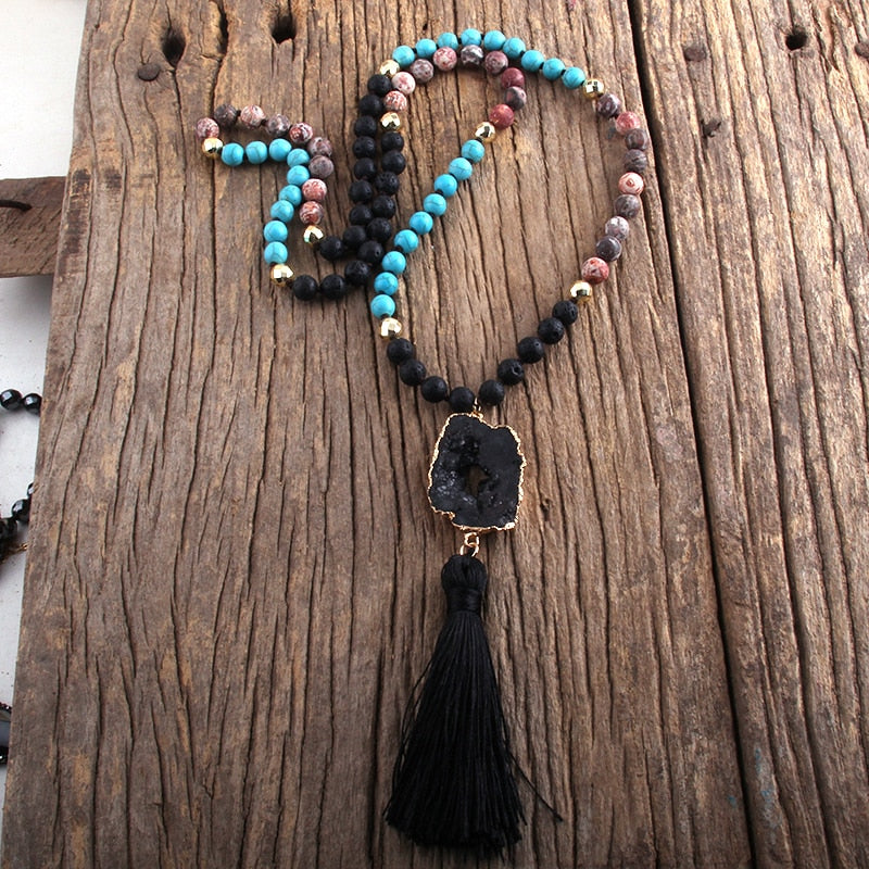 Boho Stone Pendant Knotted Tassel Necklace