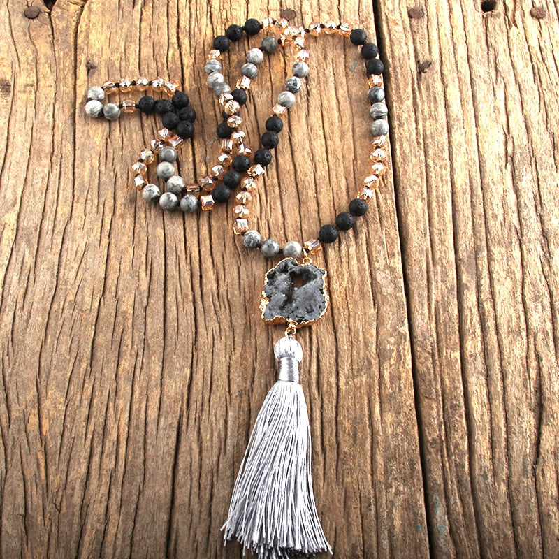 Boho Stone Pendant Knotted Tassel Necklace