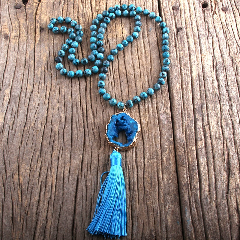 Boho Stone Pendant Knotted Tassel Necklace