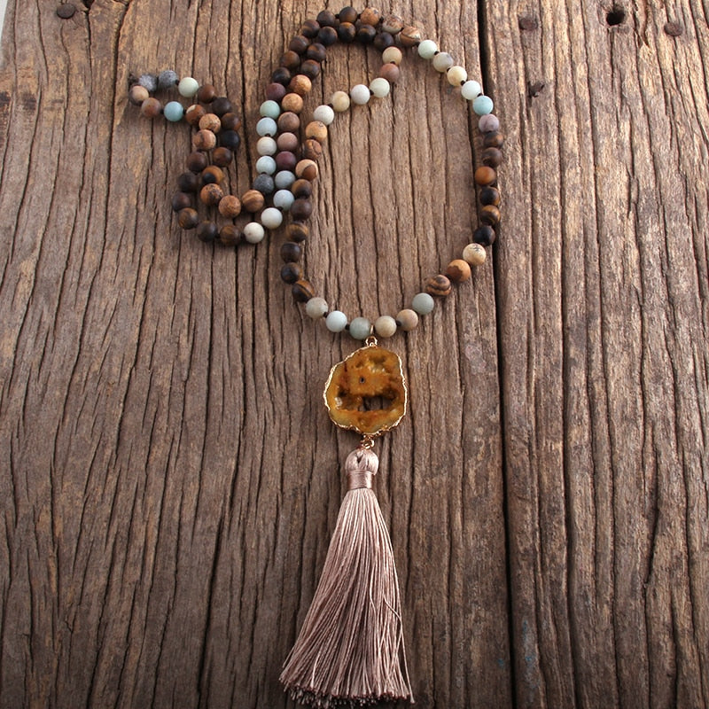 Boho Stone Pendant Knotted Tassel Necklace
