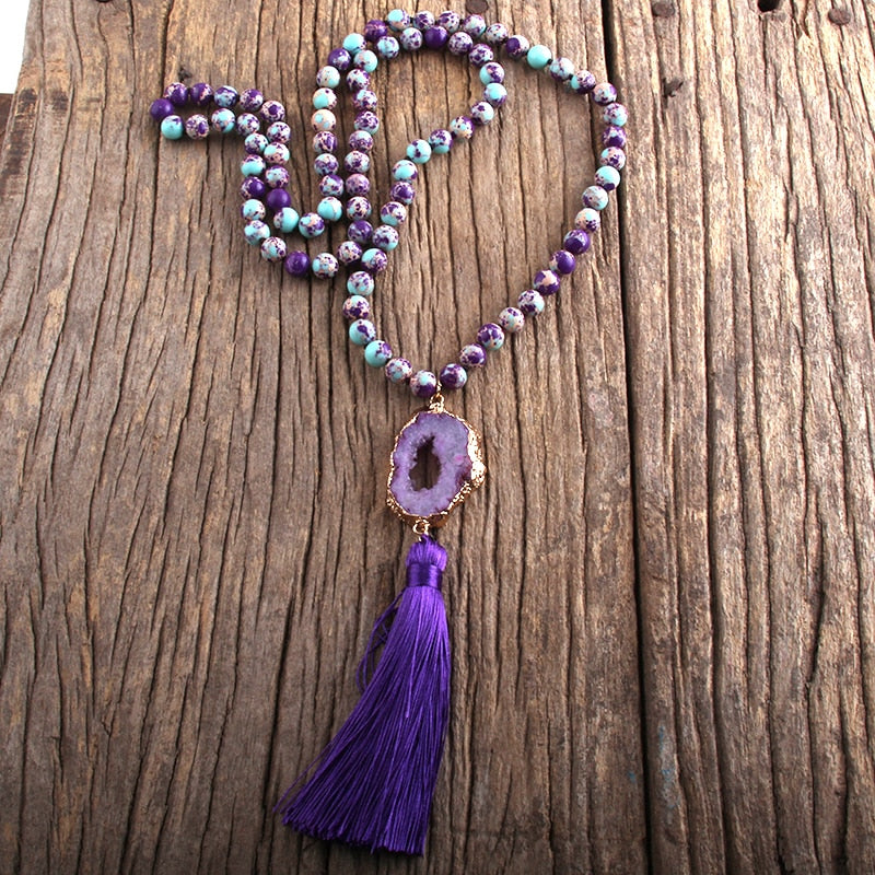 Boho Stone Pendant Knotted Tassel Necklace