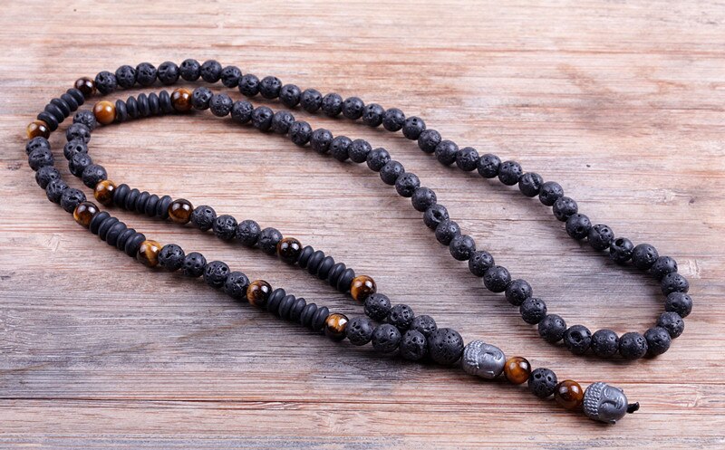 Hematite Buddha Bead Mala Necklace - Black Lava Edition