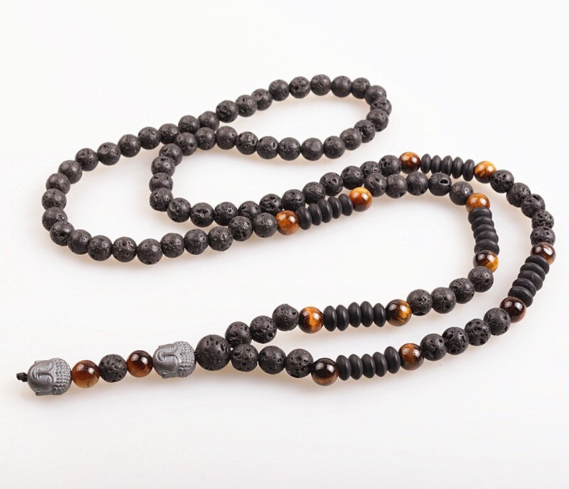 Hematite Buddha Bead Mala Necklace - Black Lava Edition