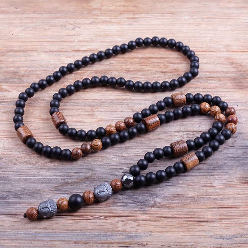 Hematite Buddha Bead Mala Necklace - Black Lava Edition