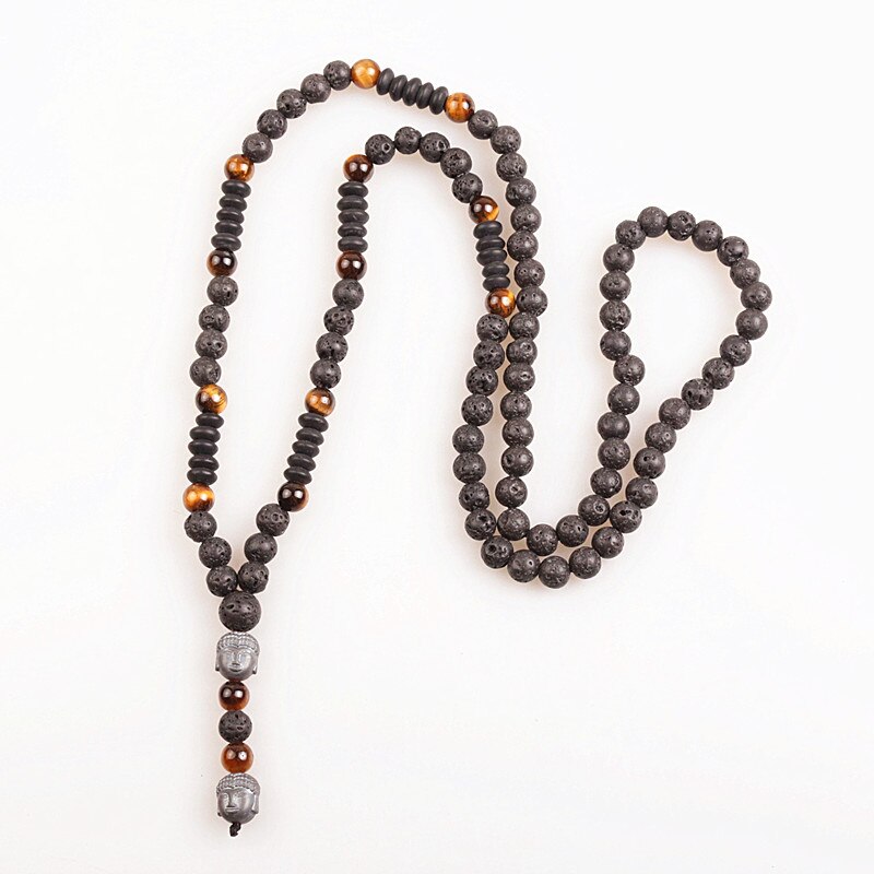 Hematite Buddha Bead Mala Necklace - Black Lava Edition