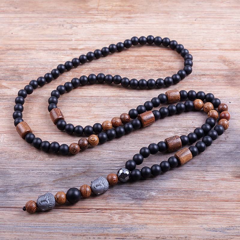 Hematite Buddha Bead Mala Necklace - Black Lava Edition