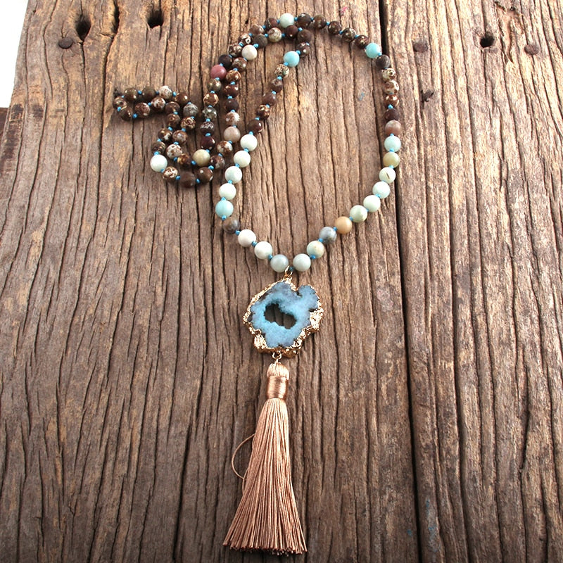 Boho Stone Pendant Knotted Tassel Necklace