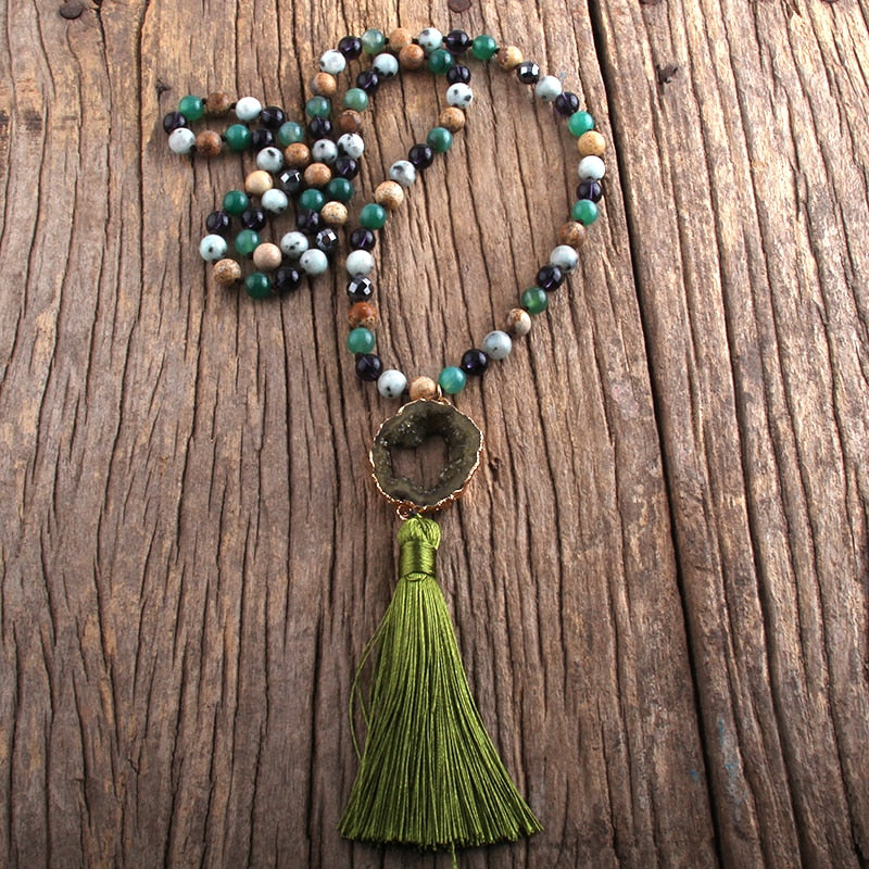 Boho Stone Pendant Knotted Tassel Necklace