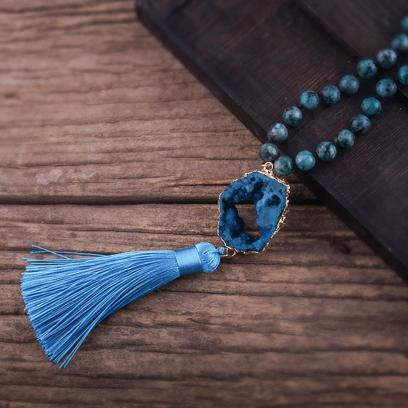 Boho Stone Pendant Knotted Tassel Necklace