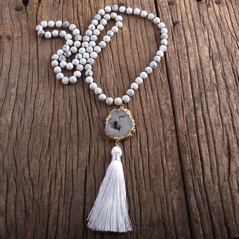 Boho Stone Pendant Knotted Tassel Necklace