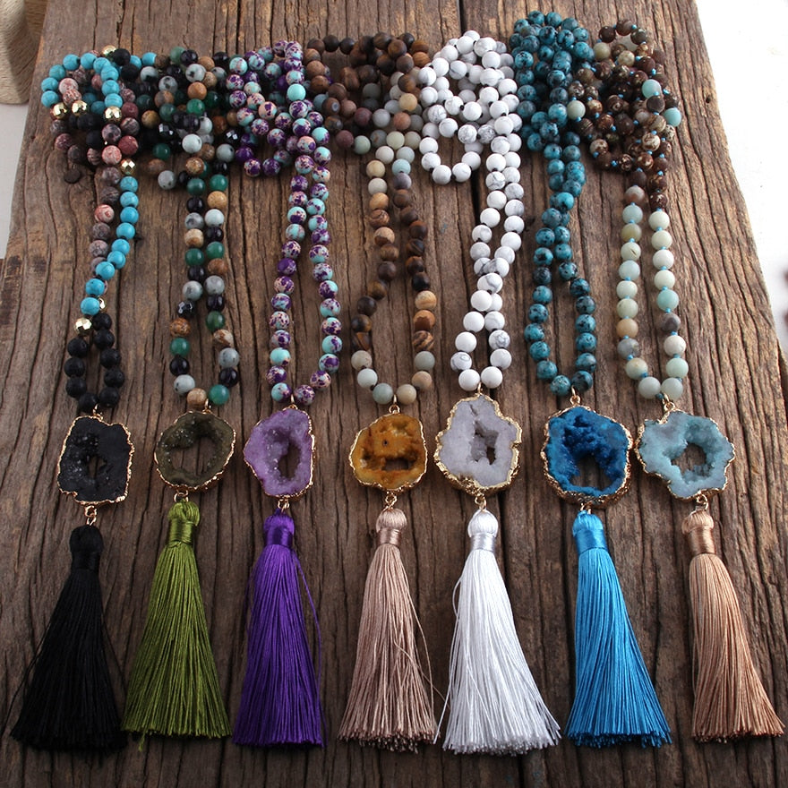 Boho Stone Pendant Knotted Tassel Necklace
