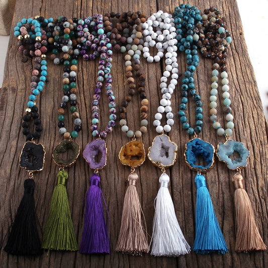 Boho Stone Pendant Knotted Tassel Necklace