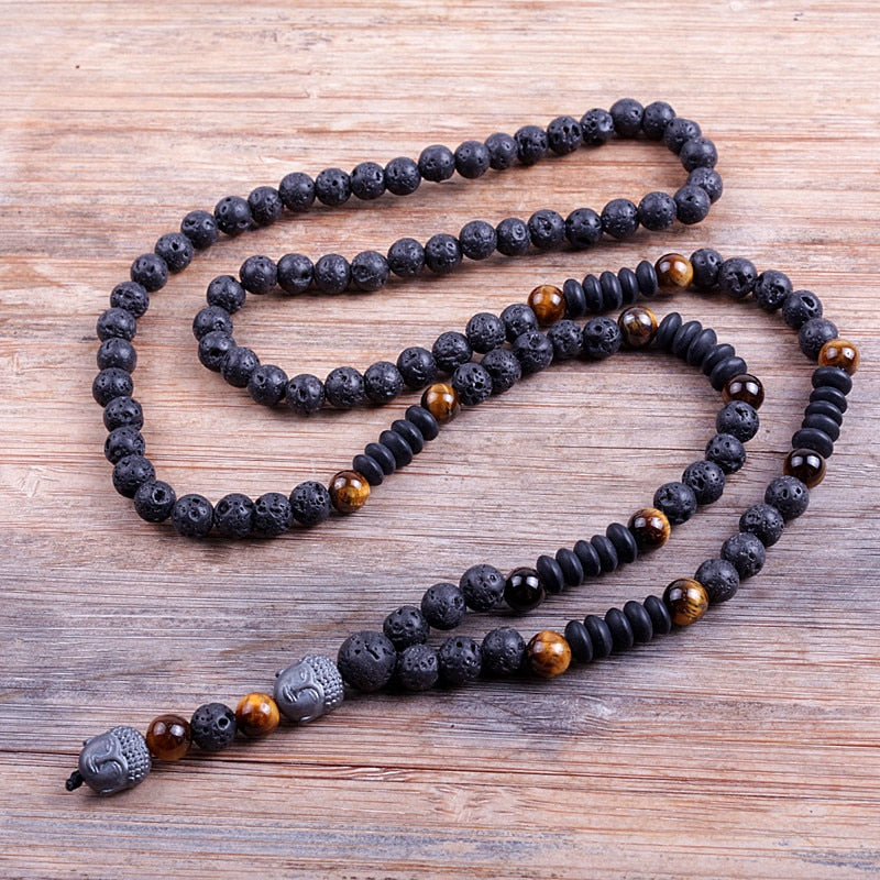 Hematite Buddha Bead Mala Necklace - Black Lava Edition