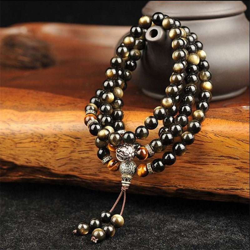 Natural Tibetan Gold Obsidian Mala - Nalo Healing